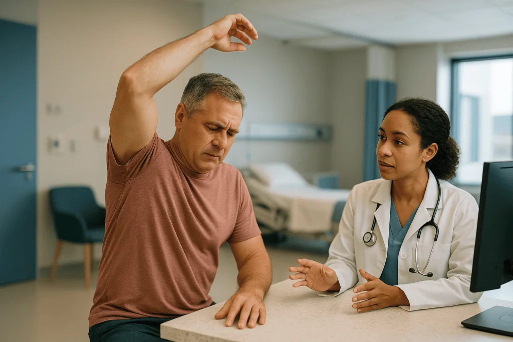 Doctor examining patient shoulder mobility in clinic — What actually happens when a shoulder tendon gets pinched