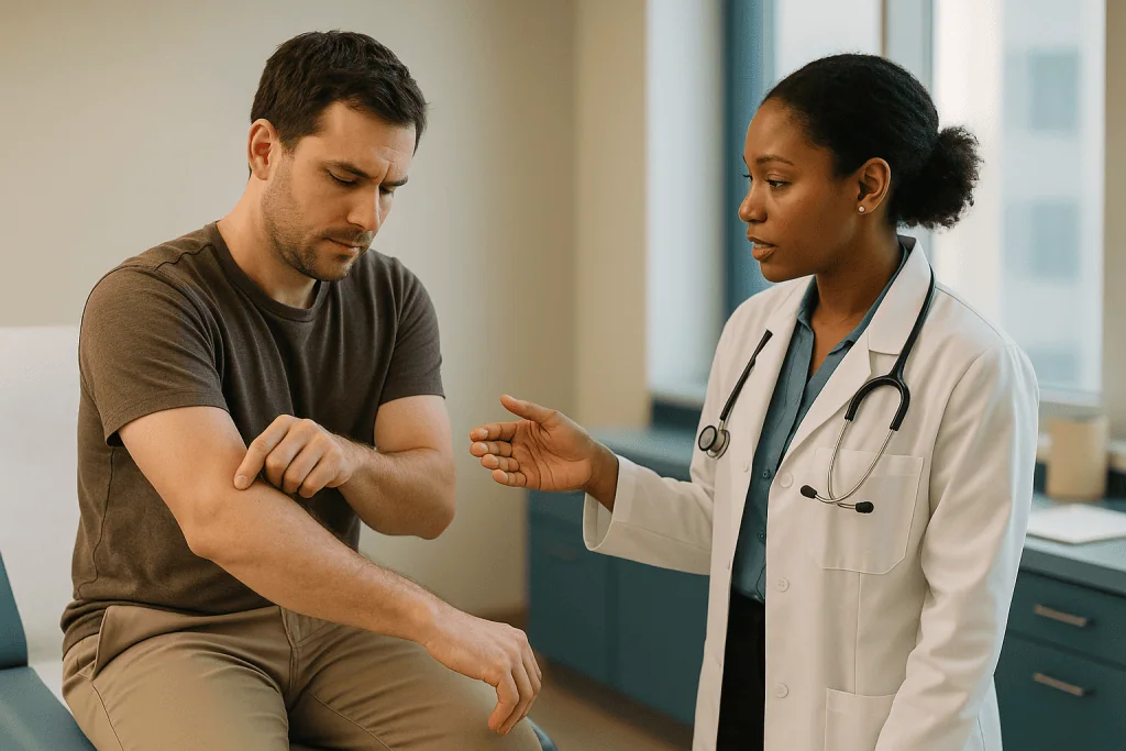 Doctor examining patient's arm during clinical consultation: What actually happens when a tick bites