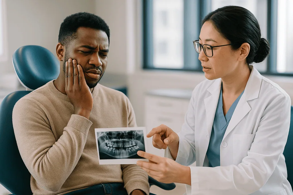 Dentist reviewing dental X-ray with patient in clinic: What actually happens when a tooth becomes impacted