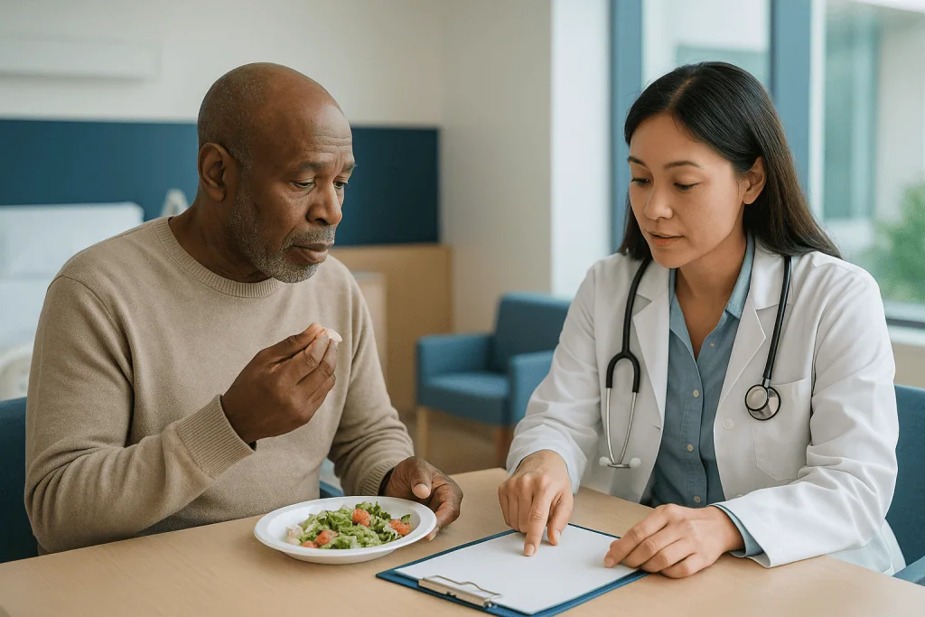 Doctor consulting patient about healthy diet with salad: What actually happens when a tumor board plans your treatment