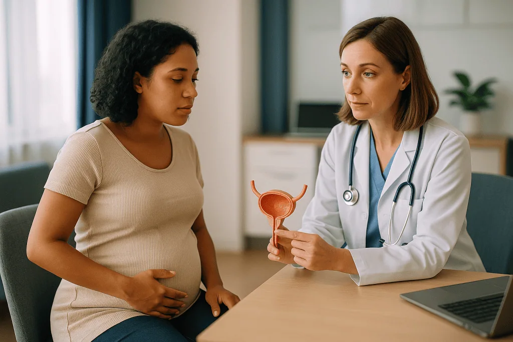 Pregnant woman in doctor consultation holding anatomical bladder model: What actually happens when bacteria reach the bladde