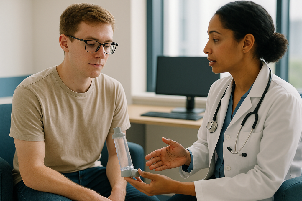 Doctor consulting with young male patient about inhaler: What actually happens when care moves from pediatric to adult CF ca