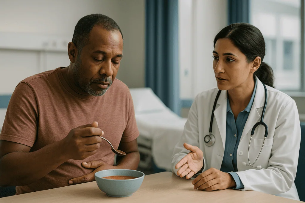 Doctor consulting with male patient over soup bowl: What actually happens when the gut bleeds