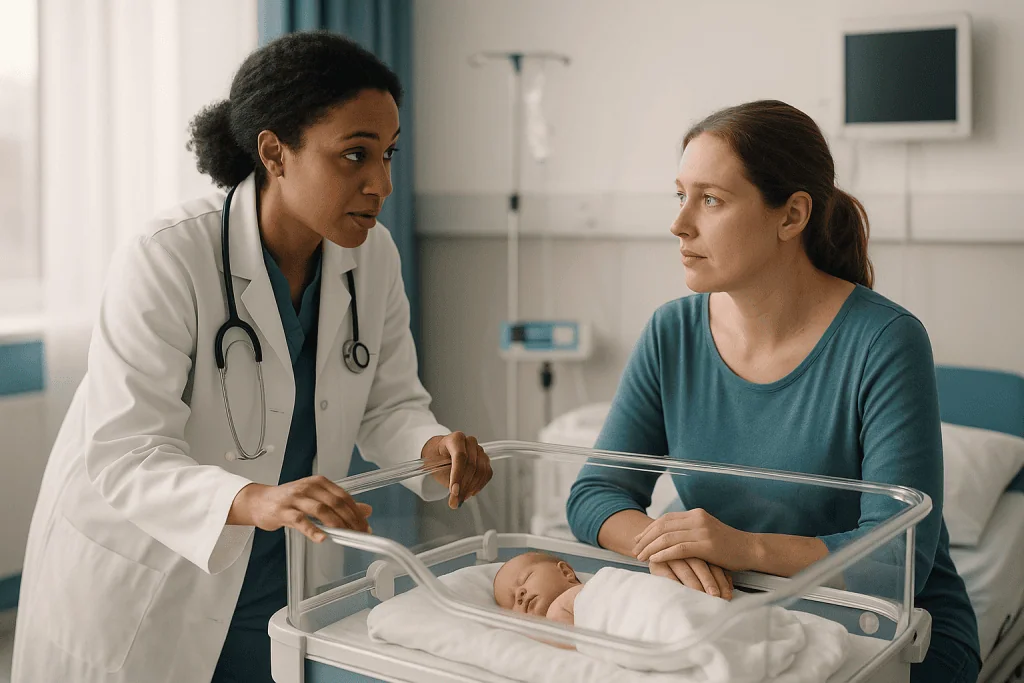 Doctor discussing newborn care with mother in hospital: What actually happens when the NICU suspects sepsis