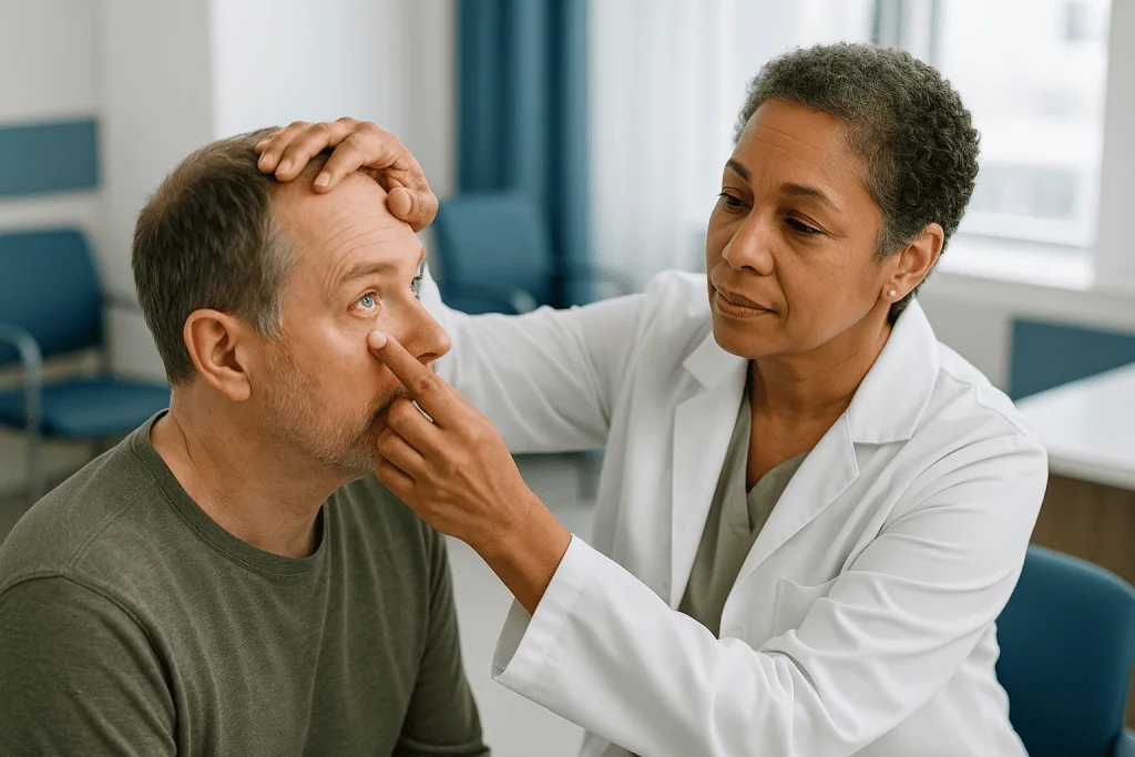 Doctor examining patient's eye and face during consultation: What actually happens when the white of your eye turns pink