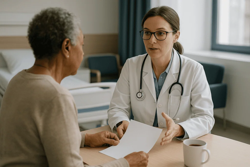 Doctor consulting with patient in medical office: What actually happens when you ask for a second opinion on leukemia