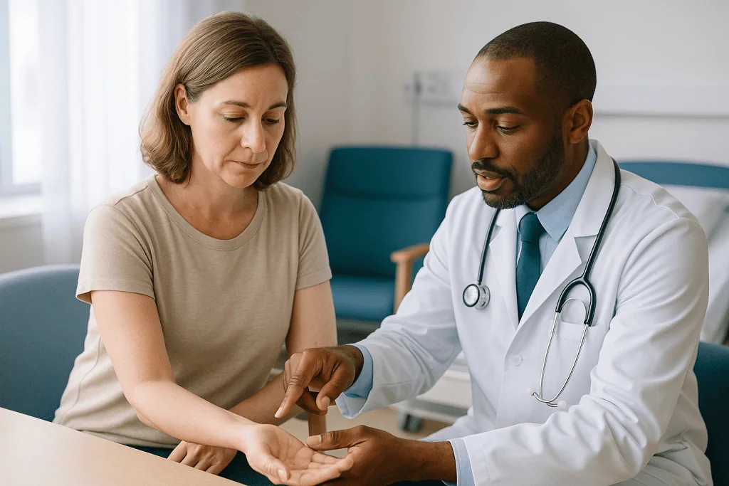 Doctor examining patient's arm during consultation — What actually happens when you get a nerve block