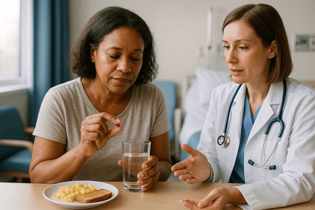 Doctor consulting patient about medication and nutrition: What actually happens when you swallow an iron tablet