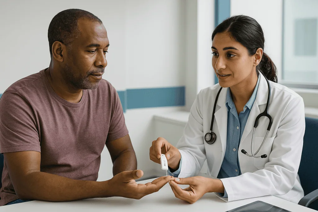 Doctor showing test result to male patient in consultation: What actually happens when your blood is tested for malaria