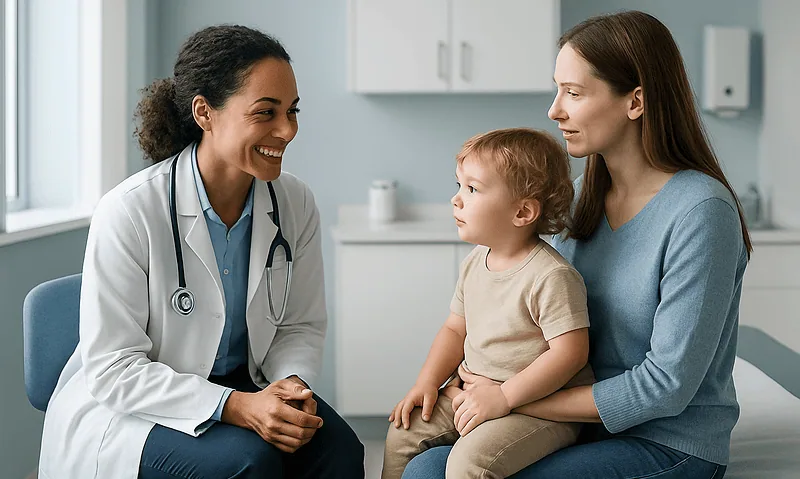Pediatric consultation with a doctor and mother with child in clinic.