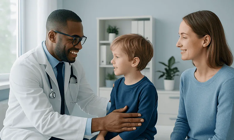 Pediatric consultation at a hospital with a doctor, child, and mother.