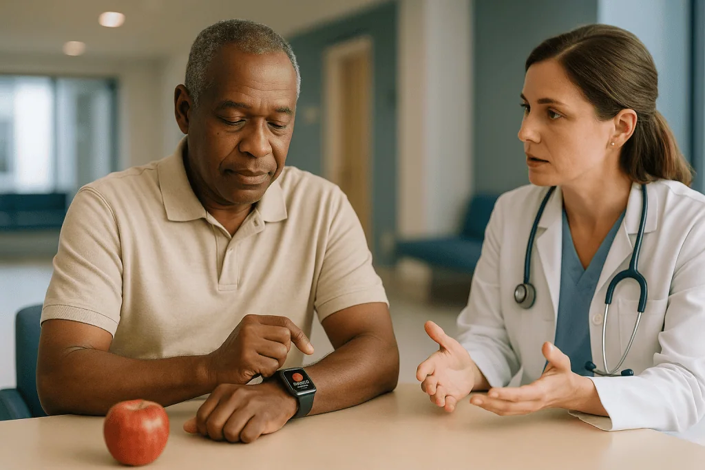 Doctor consulting with patient about smartwatch health data: What an apple watch hypertension notification actually is