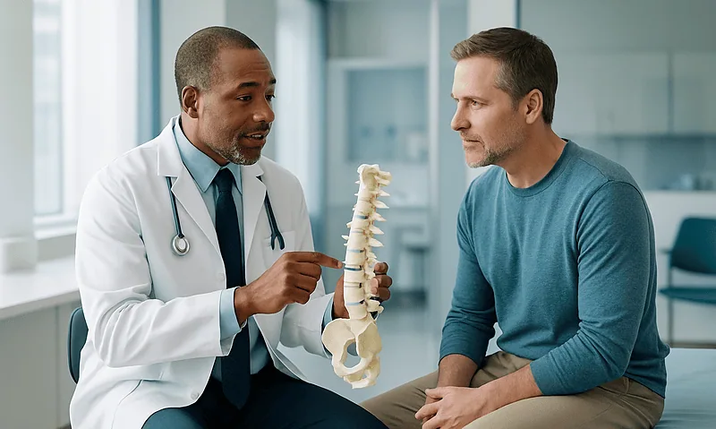 Doctor explaining spinal implant to patient in a medical consultation.