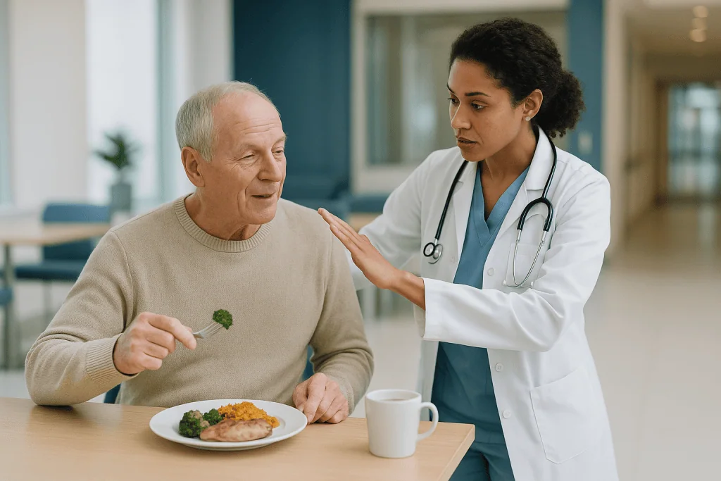 Elderly man receiving dietary or nutritional counseling from doctor: What an artificial disc replacement actually does