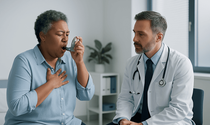 Woman experiencing asthma attack with doctor nearby in medical office.