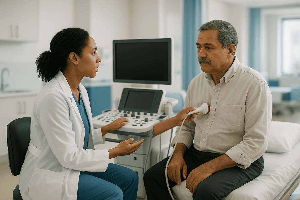 Doctor consulting male patient in cardiology clinic: What an echocardiogram shows after the first episode