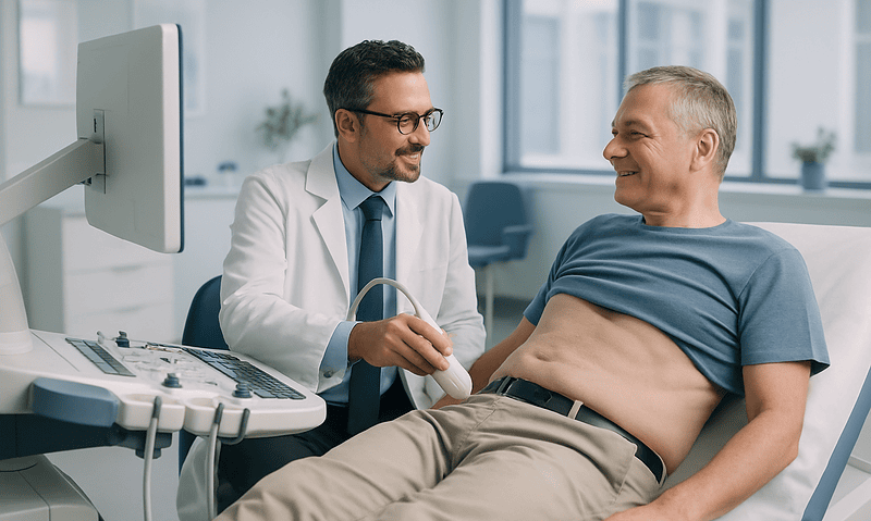 Doctor performing an echocardiogram on a patient in a medical clinic.