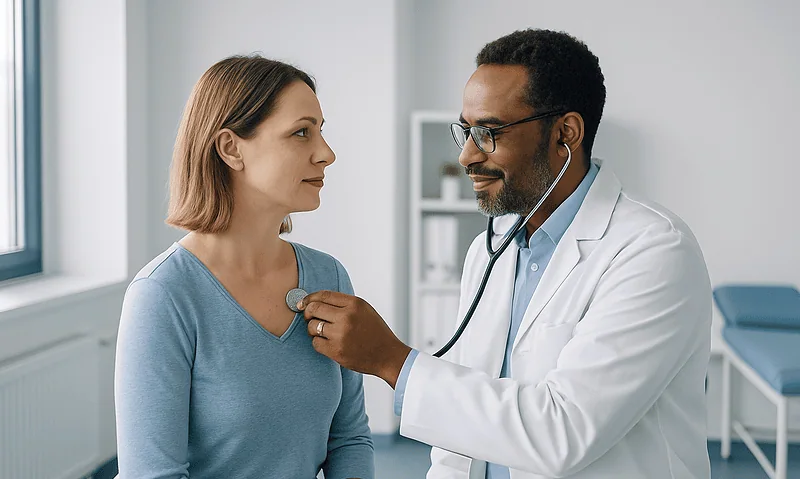 Doctor examining a patient with a stethoscope in a medical office.