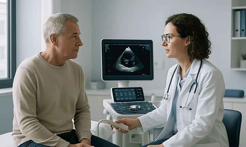 Doctor explaining echocardiogram results to a patient in a medical office.