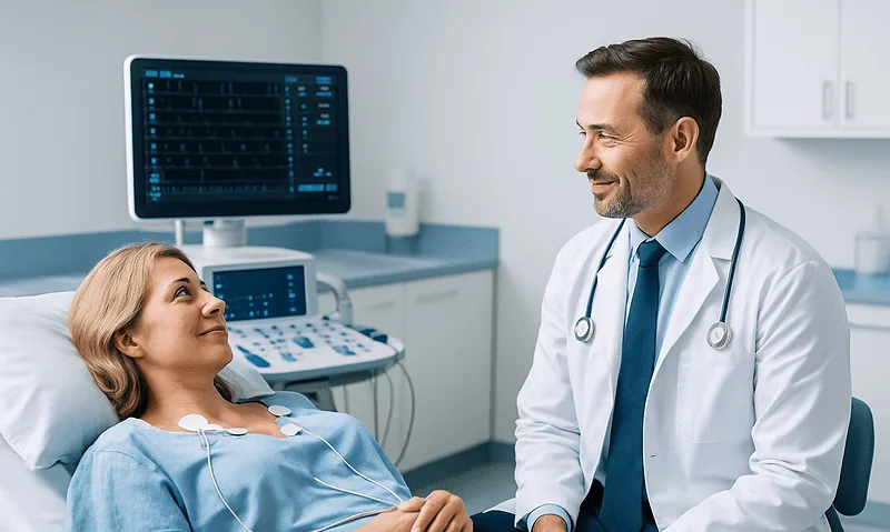 Doctor consulting with patient during electrophysiology study at Acibadem Hospital.