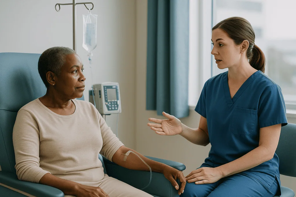 Healthcare provider consulting with patient in clinical setting: What an immunotherapy infusion day looks like, hour by hour