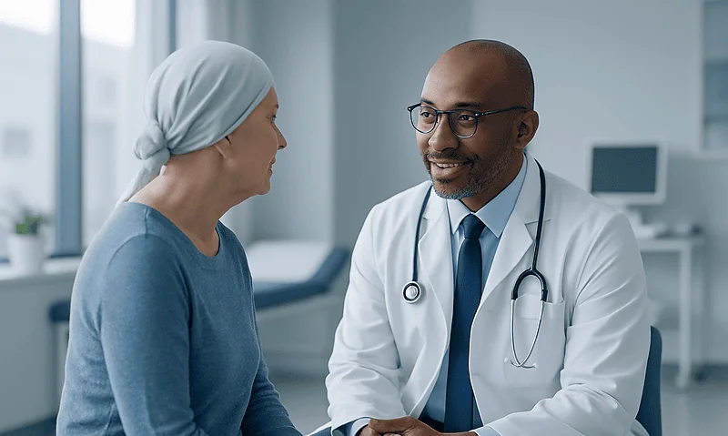 Oncologist consulting with a patient in a hospital setting.