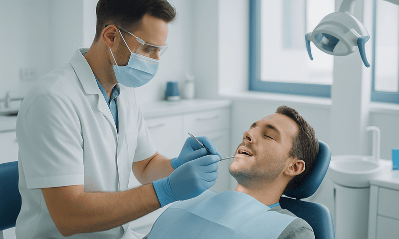 Dentist performing oral examination on patient in dental clinic.