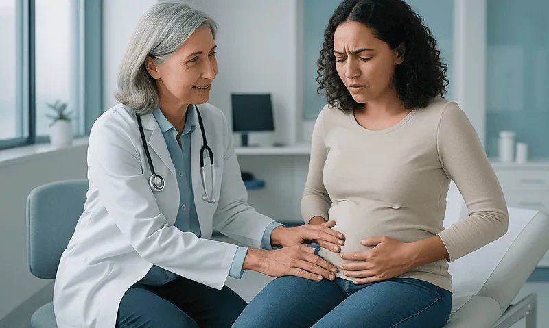 Doctor examining a woman with ovarian pain in a clinical setting.
