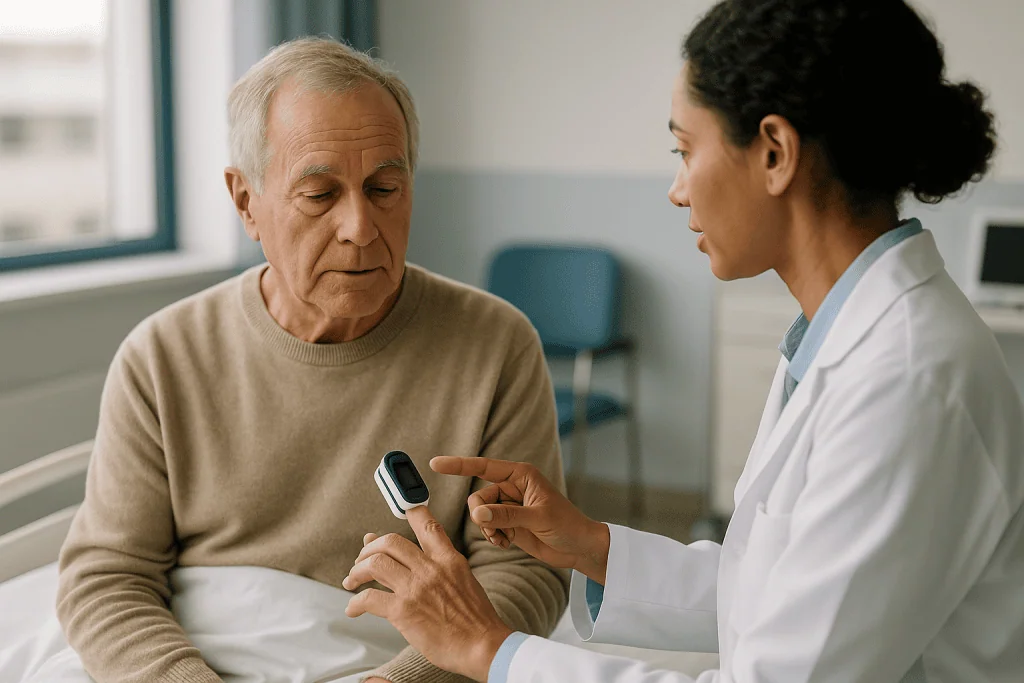 Doctor demonstrating pulse oximeter to elderly patient: What an oxygen reading can and cannot tell your doctor
