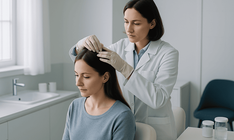 Doctor administering numbing injection to patient for hair transplant.