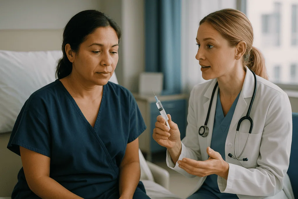 Doctor showing syringe to patient in hospital room: What anesthesia is used and what you feel during surgery