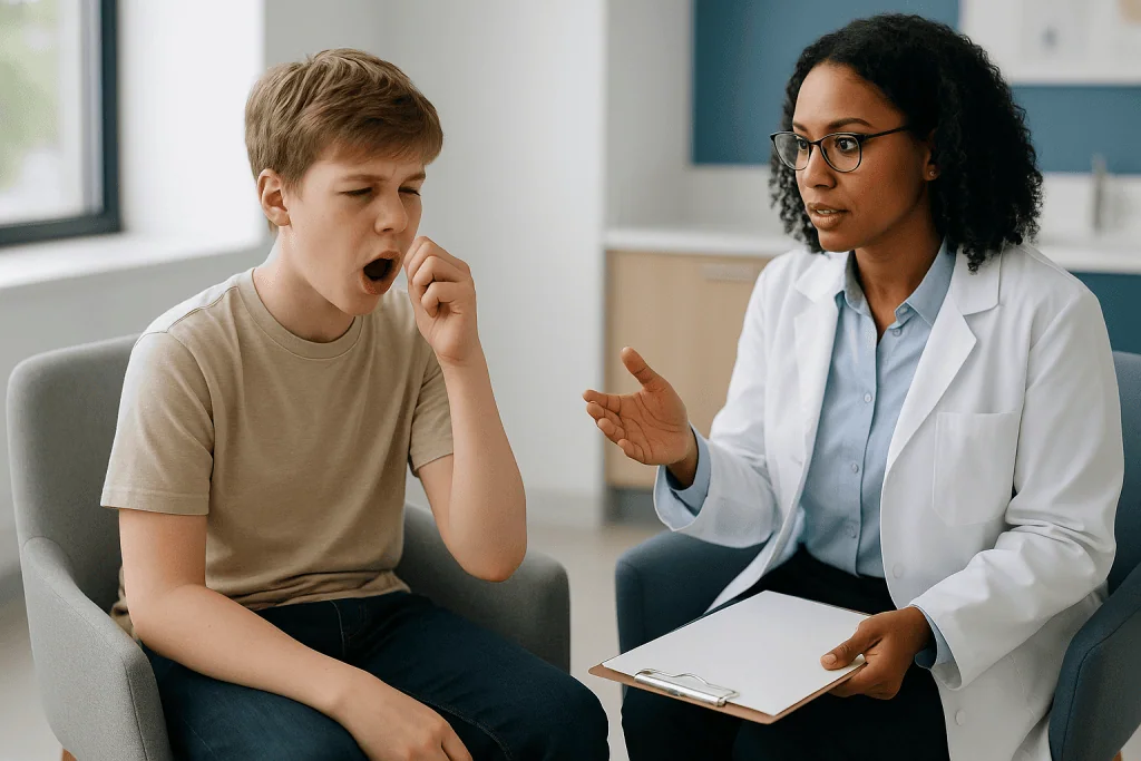 Doctor consulting child patient in clinical office setting: What are 5 common tics of Tourette's? A field guide for your not