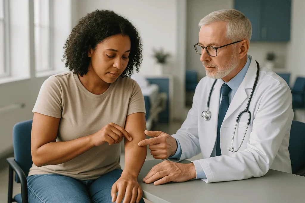 Doctor examining patient's arm during consultation: What are 5 symptoms of ringworm? Recognizing ringworm symptoms early