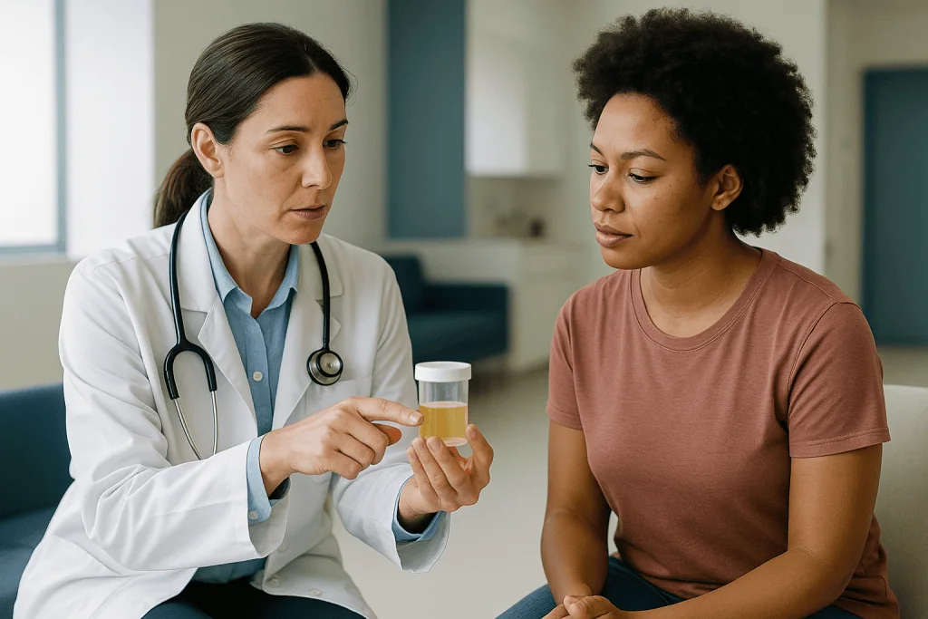 Doctor discussing test results with patient in clinic: What are common urine biomarkers a lab might measure?