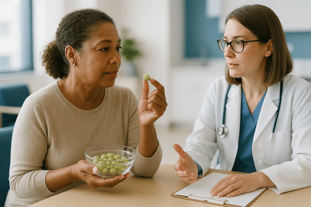 Doctor consultation with patient eating grapes: What are dermal fillers made of, and why the material matters