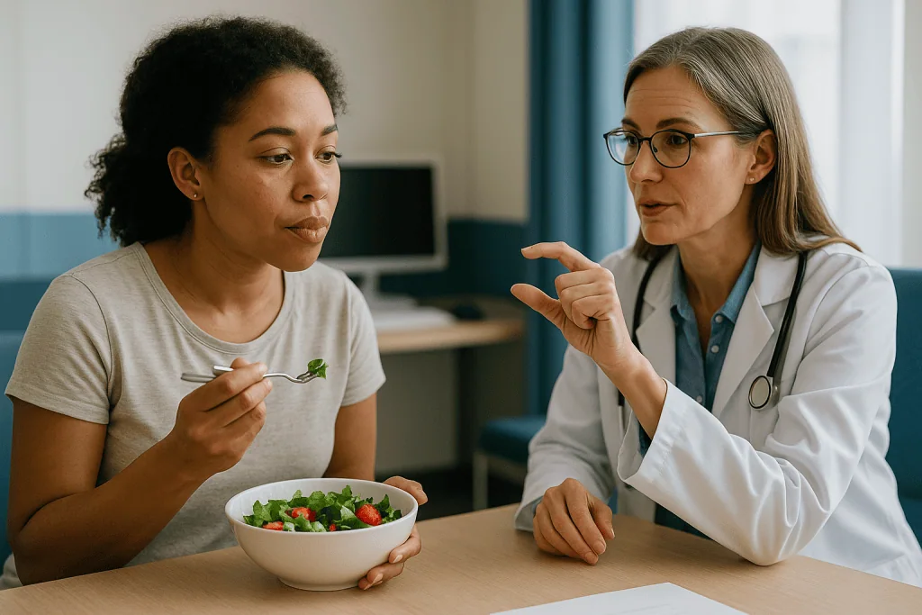 Doctor consulting patient about salad diet nutrition: What are microplastics, and how small is small?