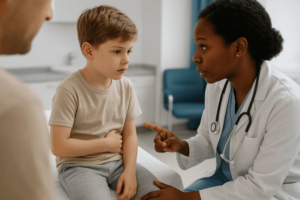 Female pediatrician examining young boy with parent present: What are pinworms, exactly?