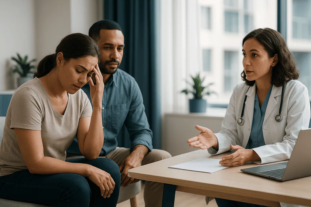 Doctor consulting with distressed couple in clinical office: What are some common causes of infertility?
