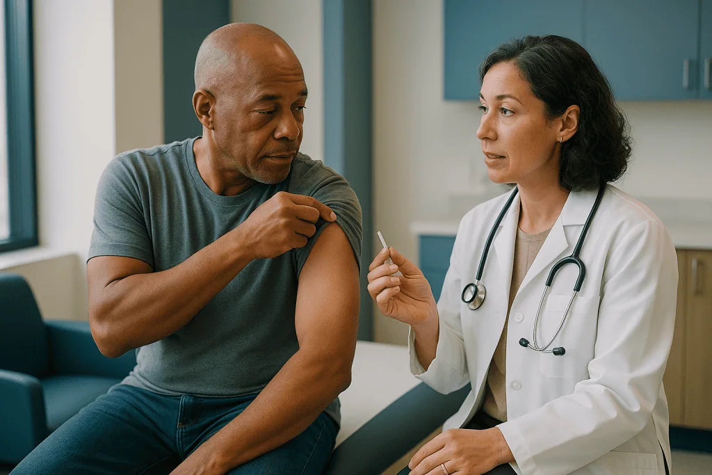 Doctor administering injection to male patient's arm: What are testosterone pellets and how does the implant actually work?