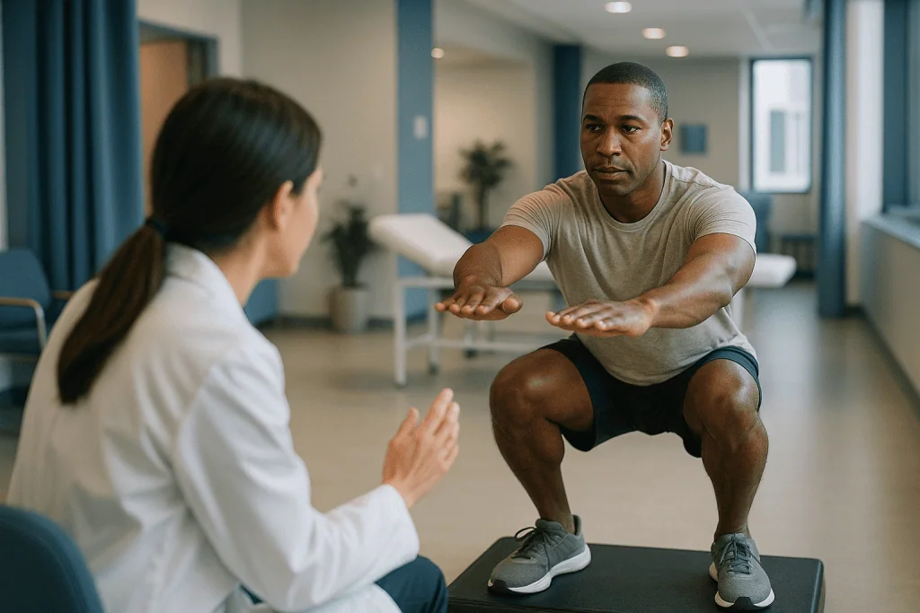 Personal trainer instructing woman performing squat exercise — What Are the 3 Best Leg Exercises?