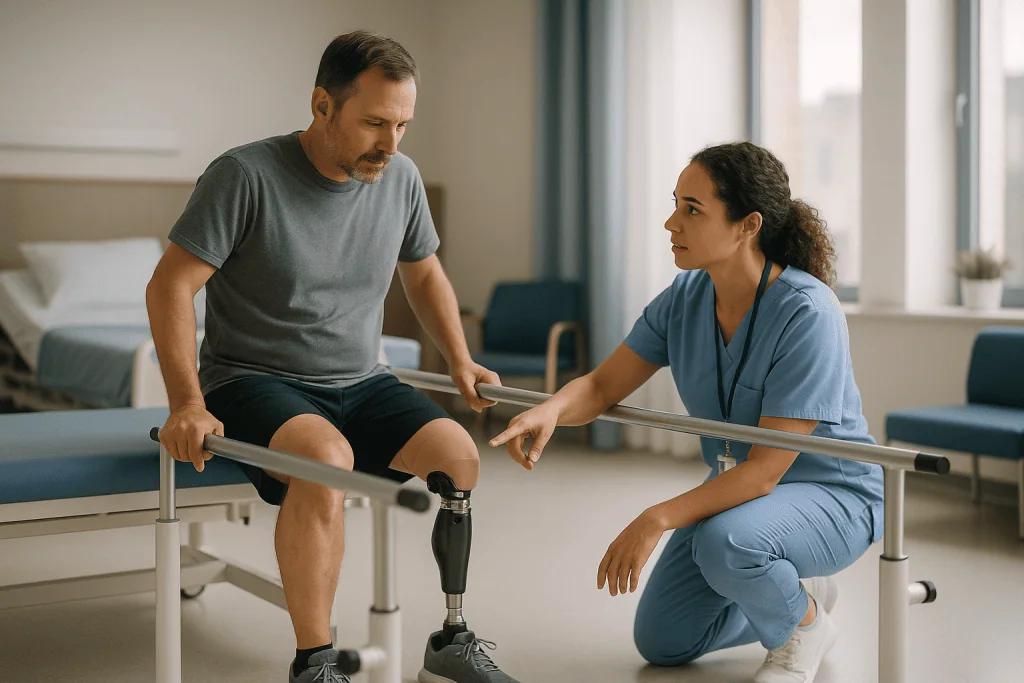Prosthetist fitting prosthetic leg to male amputee patient: What are the 5 stages of rehabilitation after an amputation?