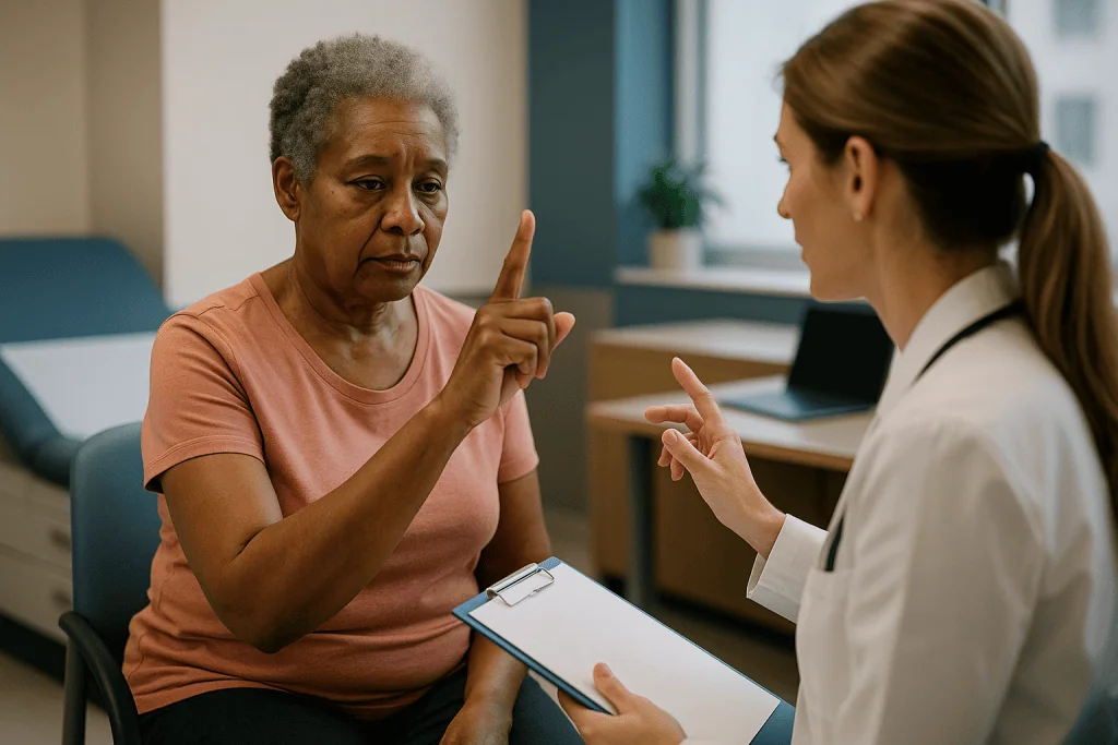 Healthcare professional consulting with senior patient indoors: What are the 7 components of a neurological examination?
