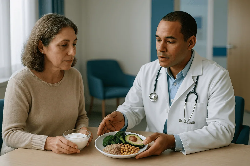 Doctor discussing healthy gut food plate with patient — What Are the Best Foods for Gut Health? The Short, Honest List
