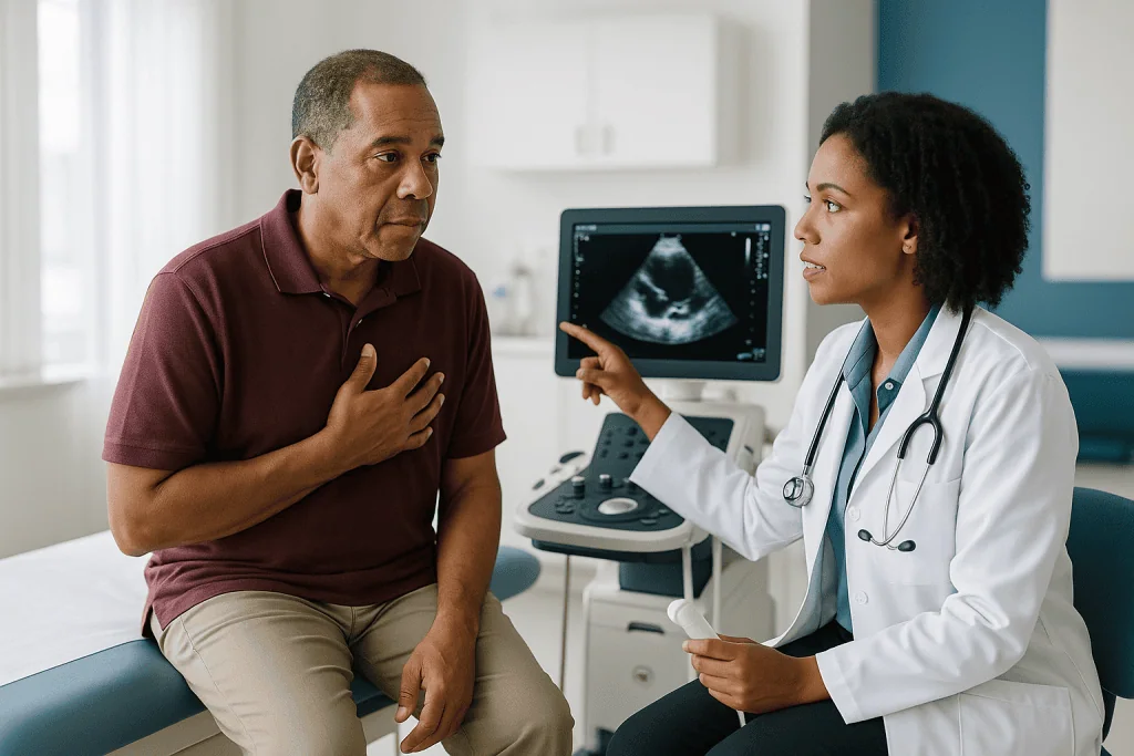 Cardiologist explaining echocardiogram ultrasound to patient: What are the cardiac tamponade echo signs?