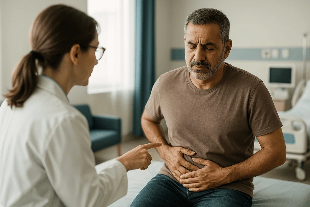 Doctor examining patient's abdomen in clinical setting: What are the causes of a burst appendix?