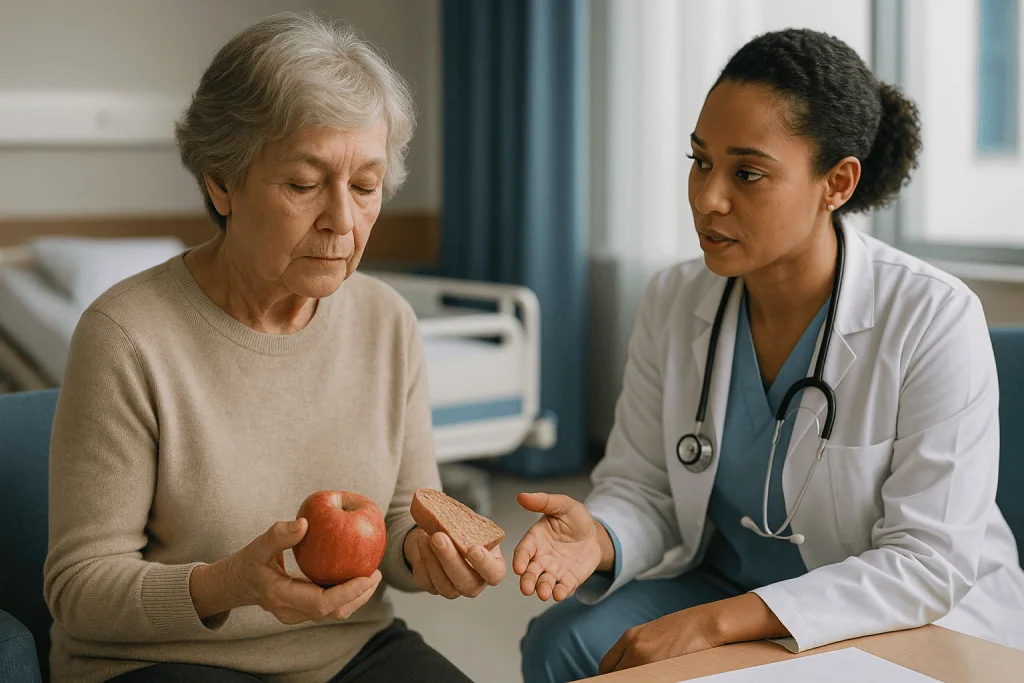 Doctor consulting elderly patient about nutrition and diet: What are the causes of low hemoglobin in older adults?