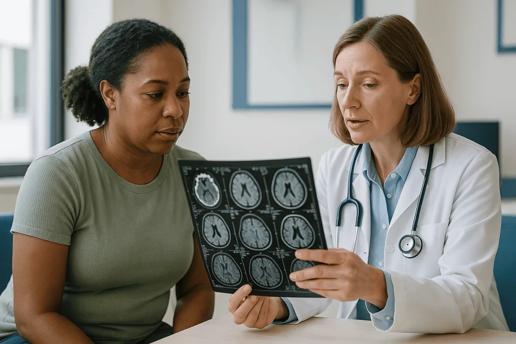 Doctor reviewing brain MRI scans with patient: What are the common central demyelinating disorders, and how are they classif