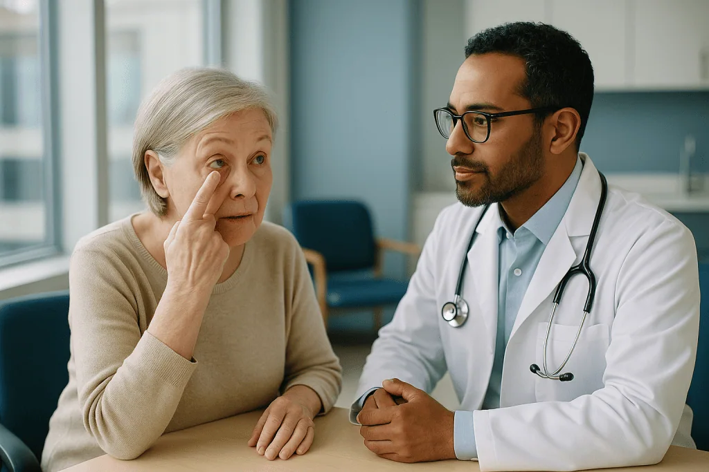 Doctor consulting with elderly female patient in clinic: What are the common conditions that affect the cornea?