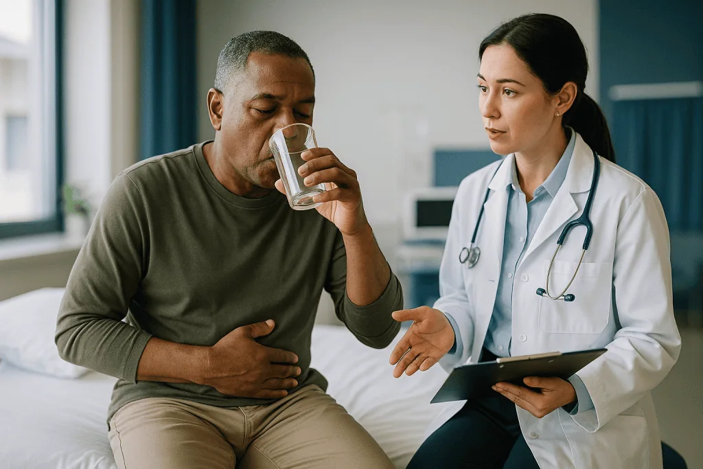 Doctor consulting patient, drinking water in clinic: What are the common side effects of CT contrast?