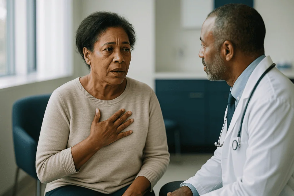 Doctor consulting with adult patient in clinical setting: What are the common symptoms of cardiovascular toxicity that clini